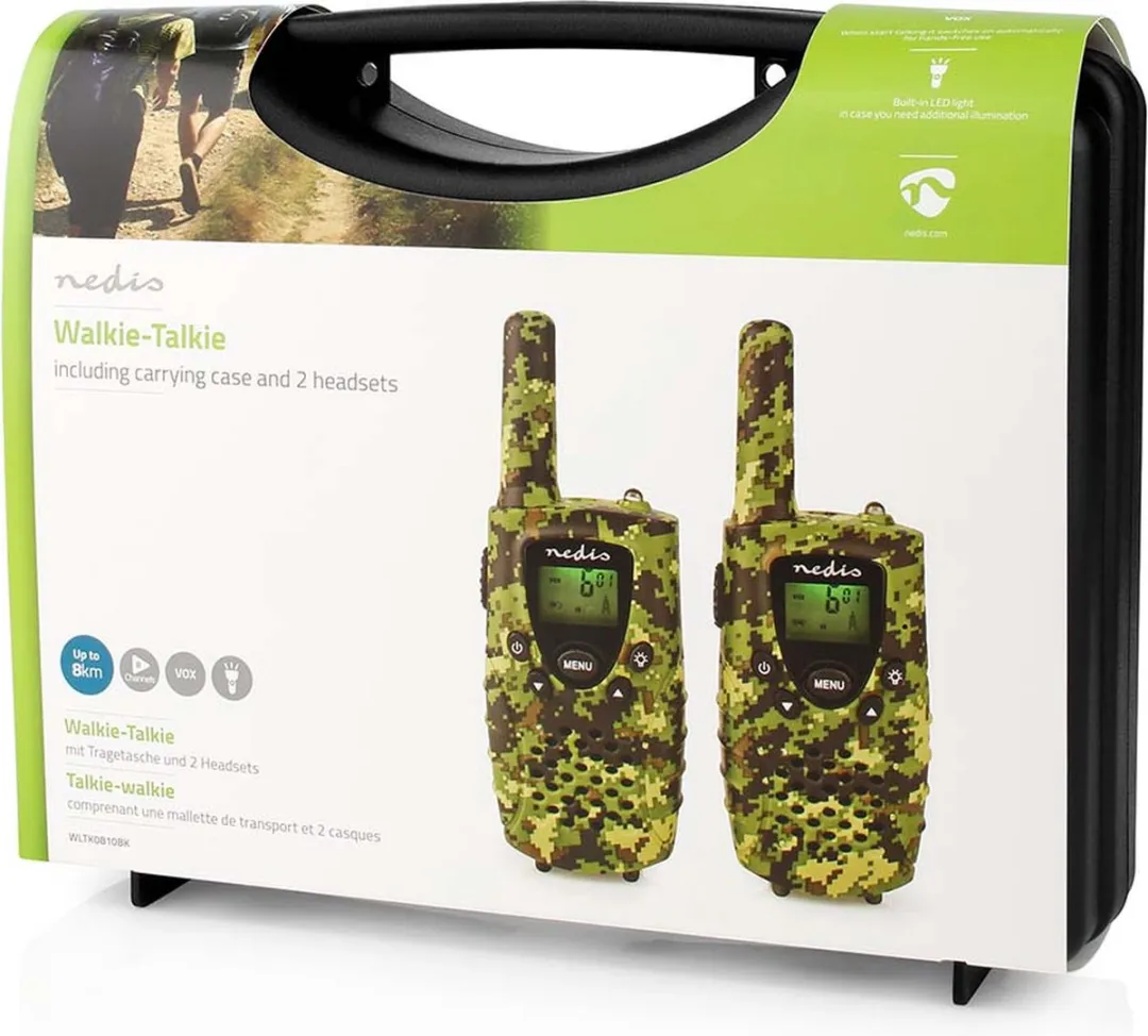 Nedis Walkie talkie Set - 2 Handsets - Tot 8 km - Frequentiekanalen: 8 - PTT / VOX - tot 2,5 uur - Koptelefoonoutput - 2 Headsets - Inclusief reiskoffer - Groen