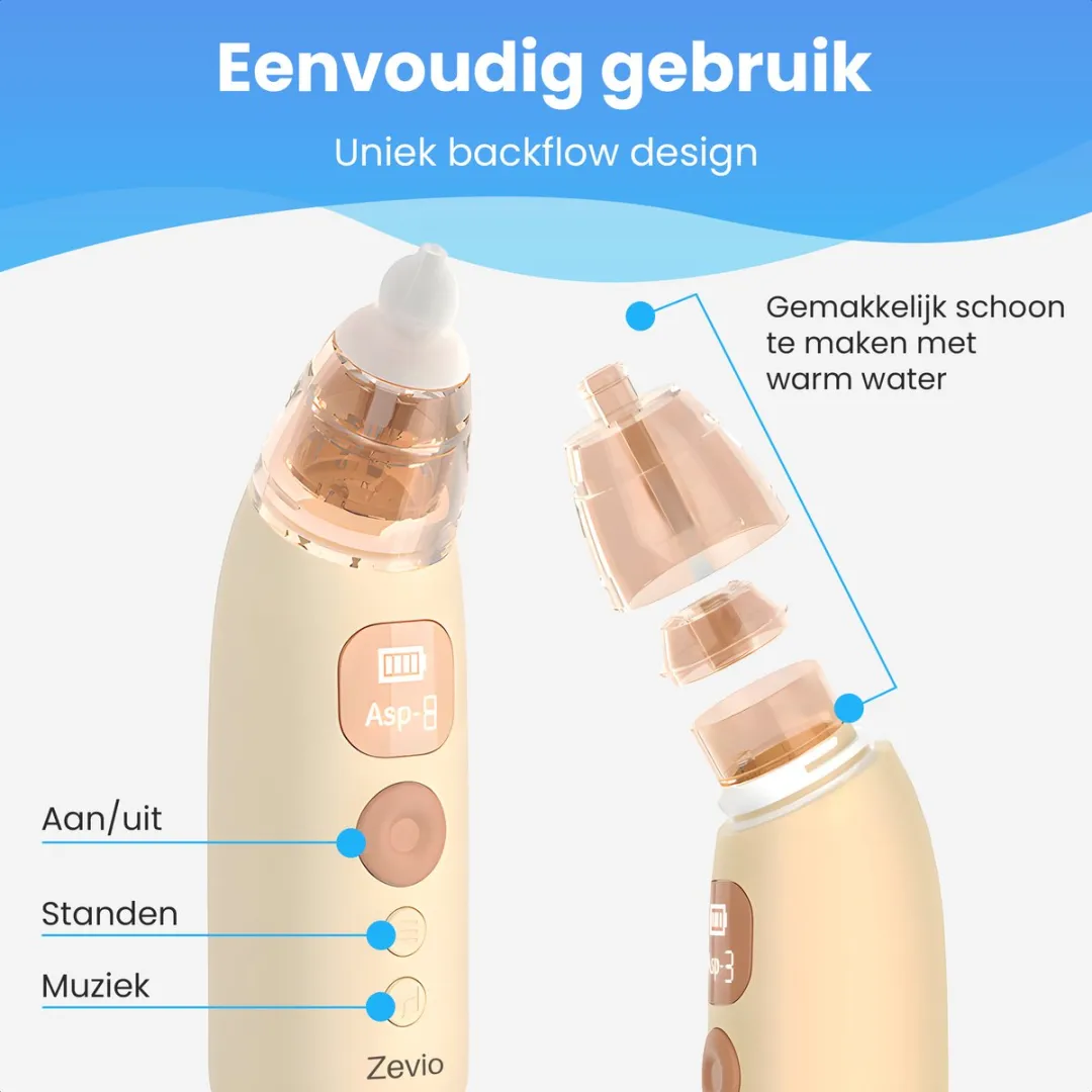 Zevio Baby Neusreiniger Elektrisch - Neuszuiger Baby - Met Licht en Muziek - Snoetenpoetser - Neuspompje - USB-C - Inclusief Opbergetui - Bruin