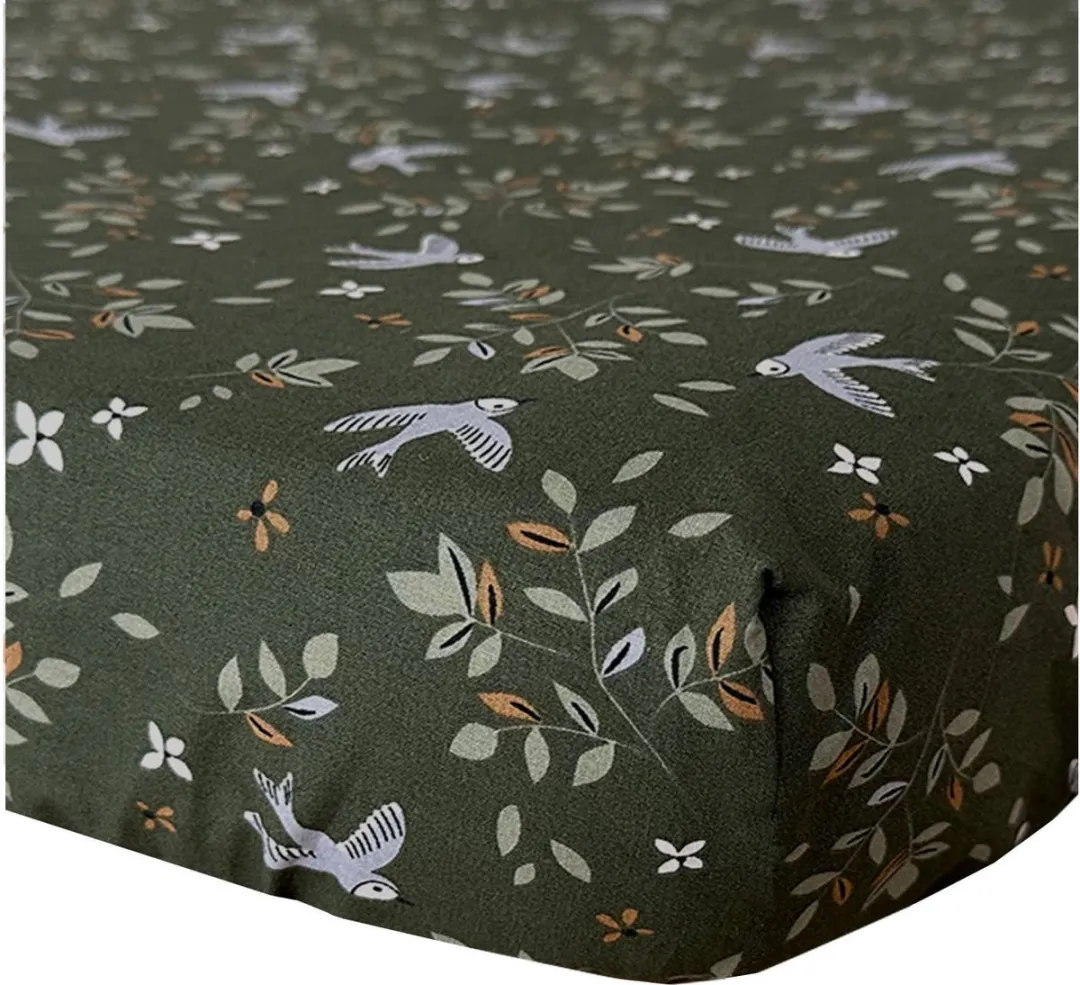 BINK Bedding Hoeslaken Merel 40 x 80 cm - groen - zachtgroen - jade - lila - caramel - vogel - bloemen - tweezijdig - wieg - kinderwagen - meisje - babynestje