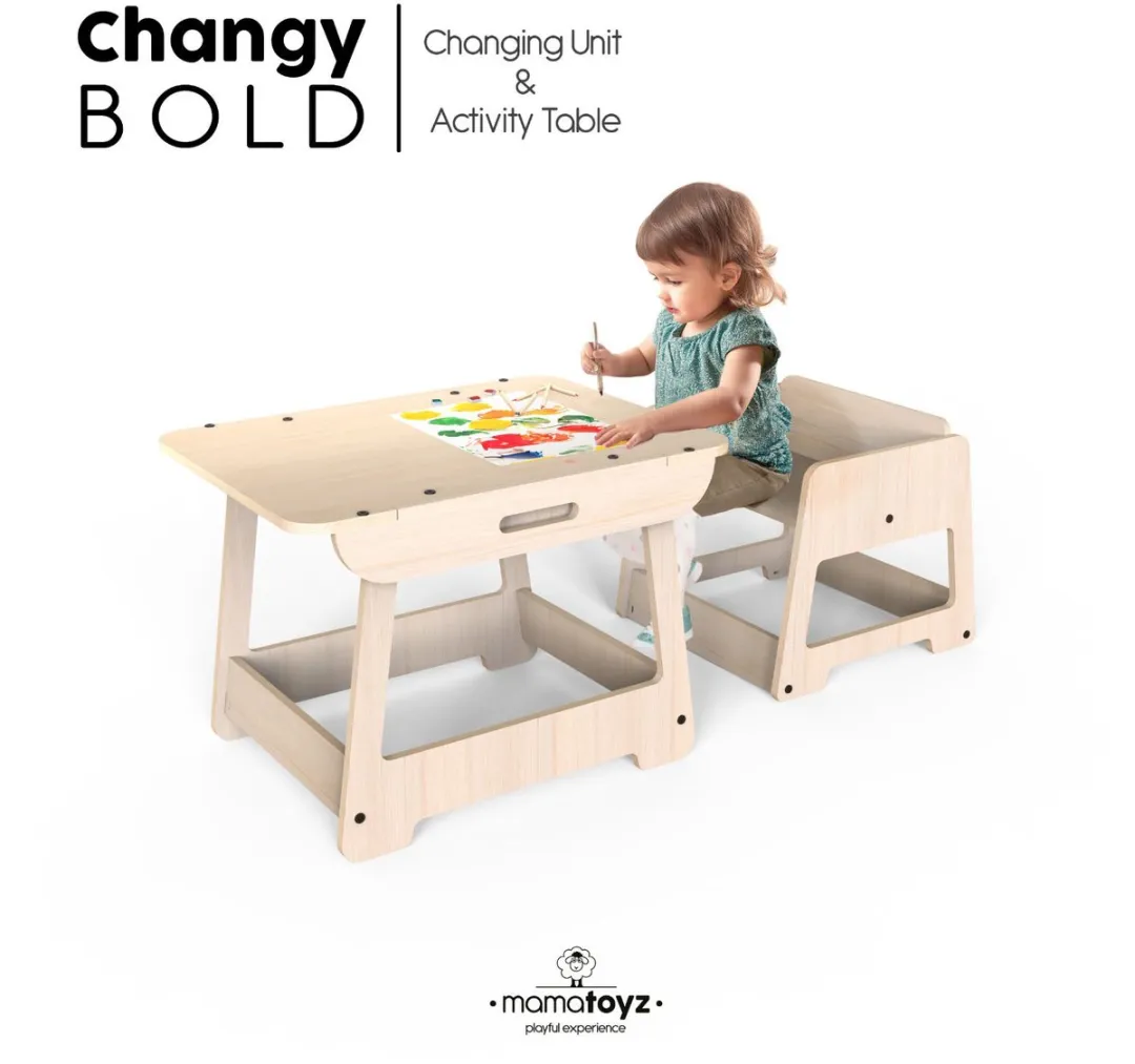 Mamatoyz Changy Bold verzorgingstafel en tafeltje met stoeltje in één - 2 in 1 - berken hout