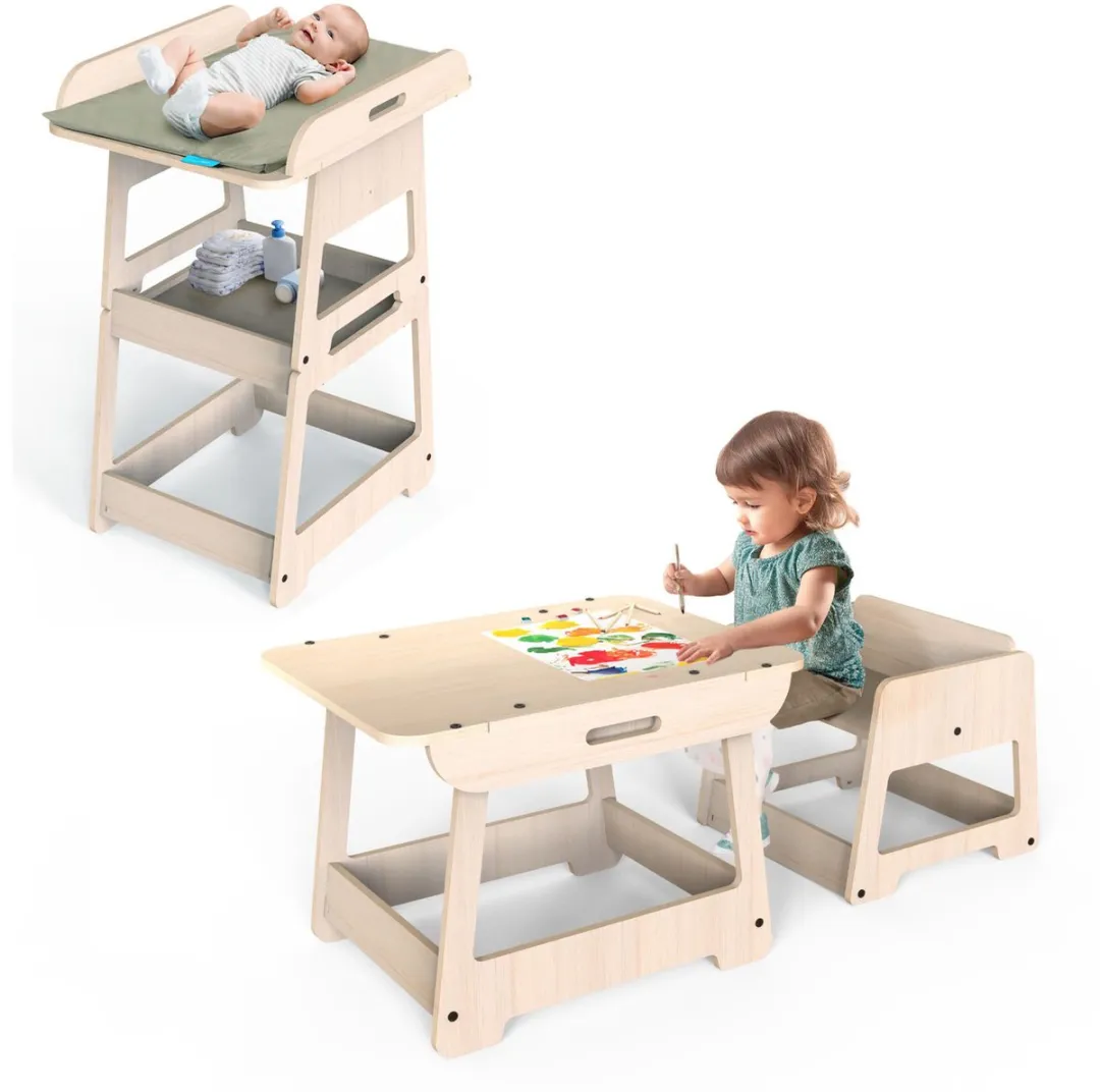 Mamatoyz Changy Bold verzorgingstafel en tafeltje met stoeltje in één - 2 in 1 - berken hout