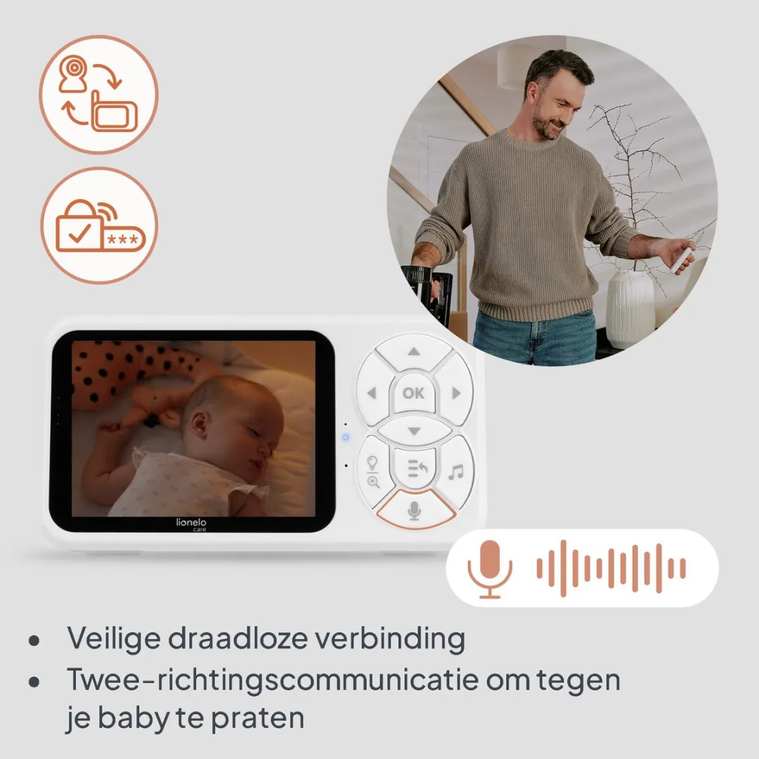 Lionelo Babyline 3.4 Babyfoon – 3,5” LCD Scherm – Nachtzicht & VOX Geluidsdetectie – Tweeweg-communicatie – RGB Nachtlampje – Temperatuursensor – Tot 4 Camera’s – 300 m Bereik – Met Flexibele Montagearm