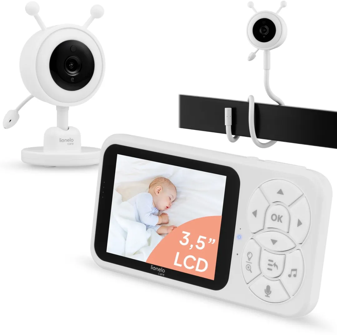 Lionelo Babyline 3.4 Babyfoon – 3,5” LCD Scherm – Nachtzicht & VOX Geluidsdetectie – Tweeweg-communicatie – RGB Nachtlampje – Temperatuursensor – Tot 4 Camera’s – 300 m Bereik – Met Flexibele Montagearm
