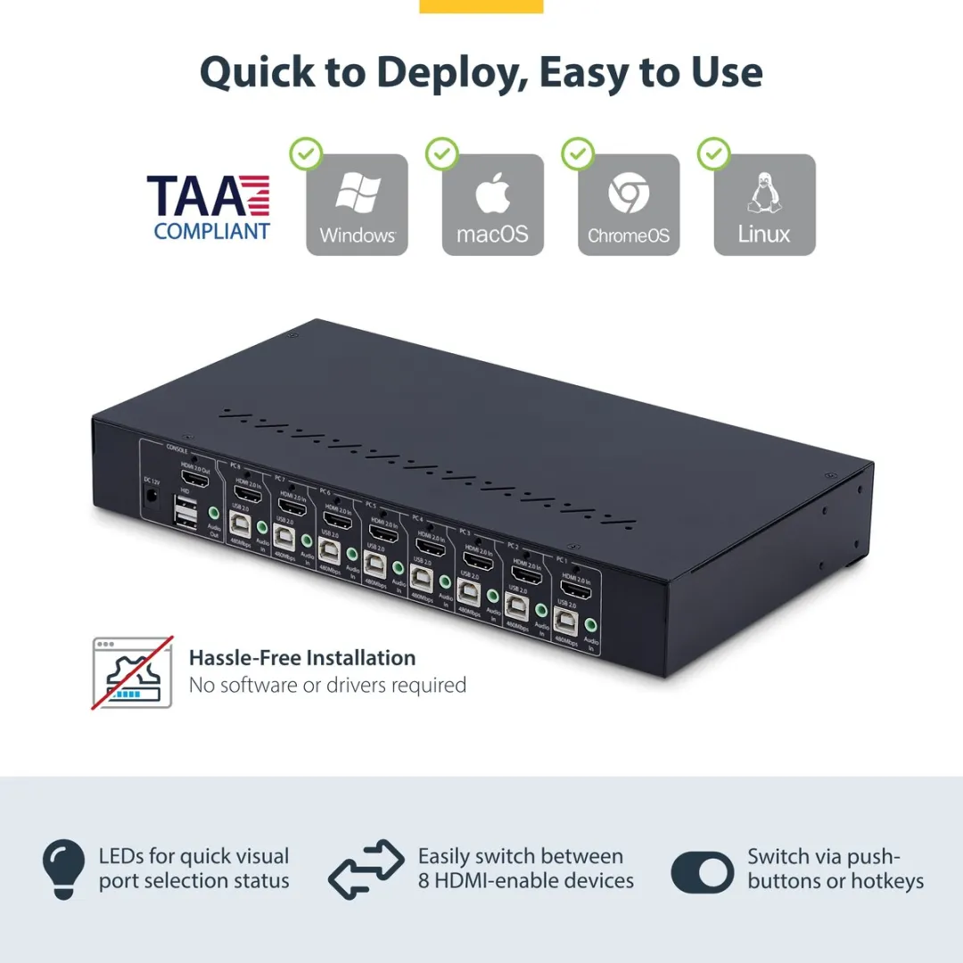 Startech R8AH202-KVM-SWITCH 8-Port HDMI KVM Switch - 4K 60Hz - Zwart