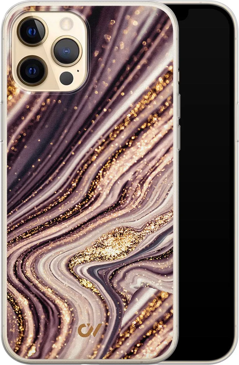Casevibes iPhone 12 Hoesje A/13/UV/039 - Paars Golden Pink Marble