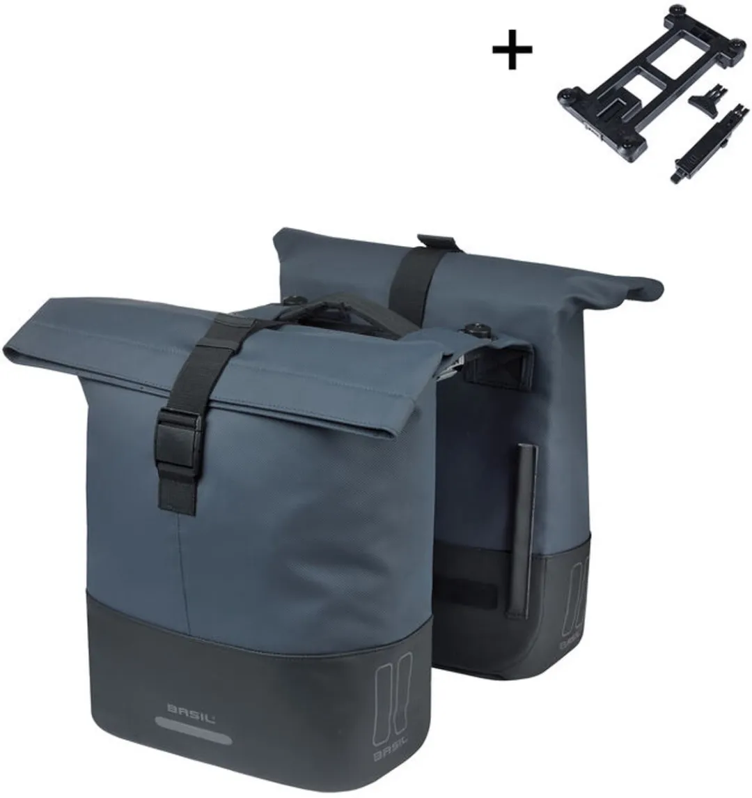 Basil Cove - Dubbele fietstas - 28-32 liter - Incl. MIK adapterplaat - Waterafstotend - Reflectie details - Gerecycled materiaal - blauw/zwart