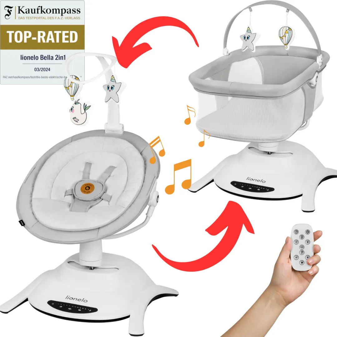 Lionelo Bella Set 2in1 – Wipstoel & Reiswieg – 360° Draaibare Zitting – Elektrische 6 Schommelstanden – 5 Snelheden – Rugleuning 3 Posities – Bewegingssensor – Nachtmodus – 12 Melodieën – Bamboe Kussen – Afstandsbediening – Wasbare Hoezen – Tot 9 kg