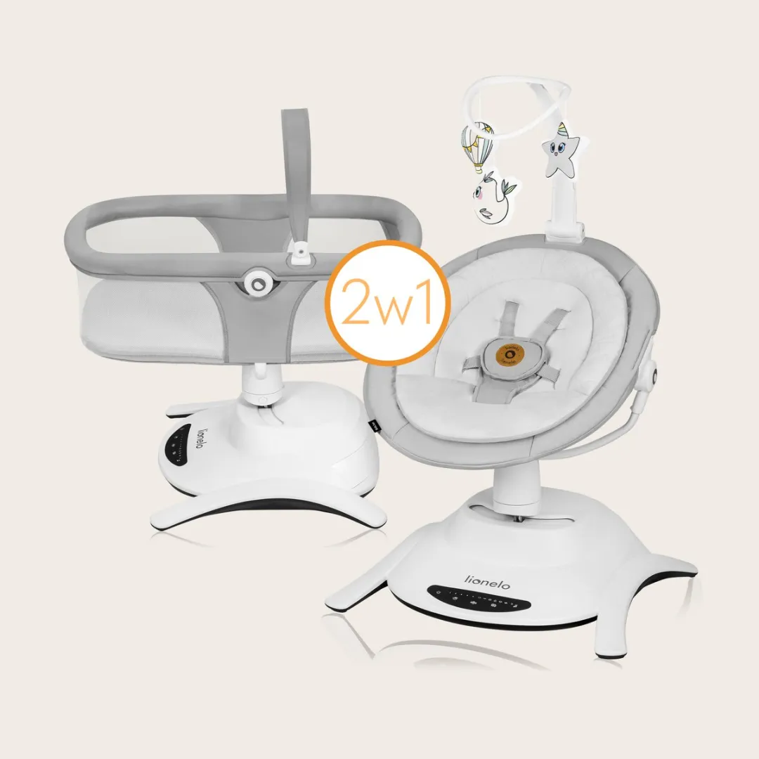 Lionelo Bella Set 2in1 – Wipstoel & Reiswieg – 360° Draaibare Zitting – Elektrische 6 Schommelstanden – 5 Snelheden – Rugleuning 3 Posities – Bewegingssensor – Nachtmodus – 12 Melodieën – Bamboe Kussen – Afstandsbediening – Wasbare Hoezen – Tot 9 kg