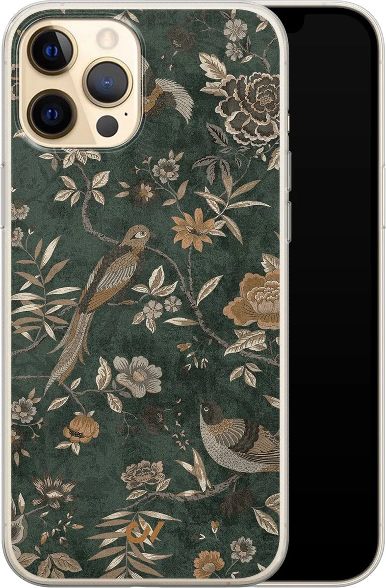 Casevibes iPhone 12 Hoesje Groen - Khaki Golden Flowers