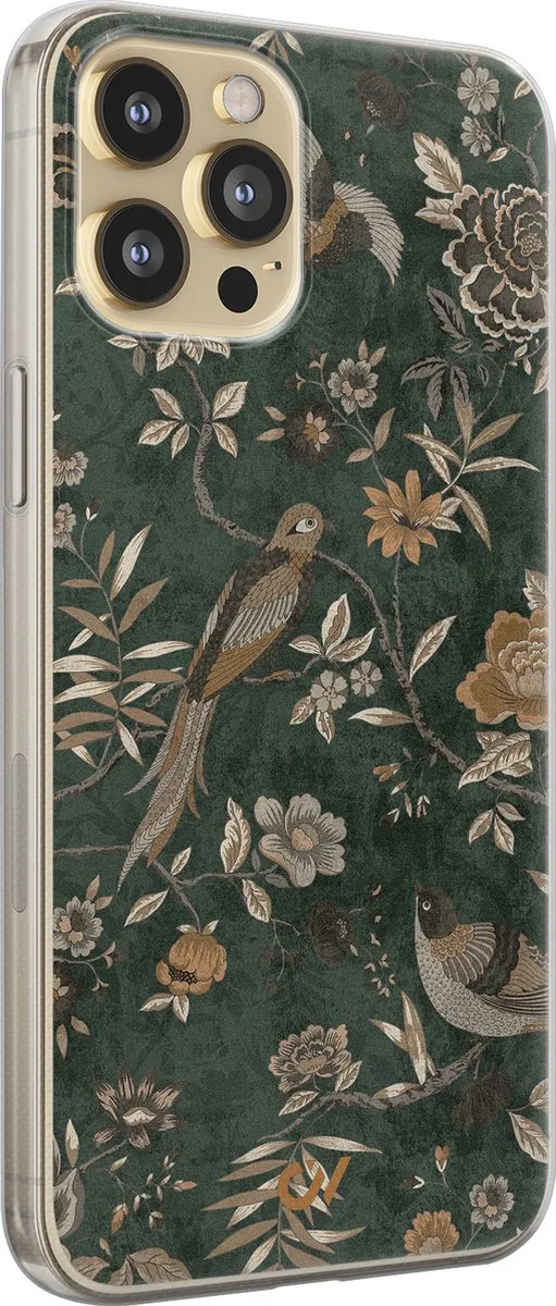 Casevibes iPhone 12 Hoesje Groen - Khaki Golden Flowers