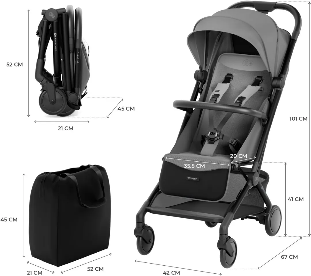 KinderKraft PILOT2 Reisbuggy - Lichtgewicht - UPF50+ - Grijs