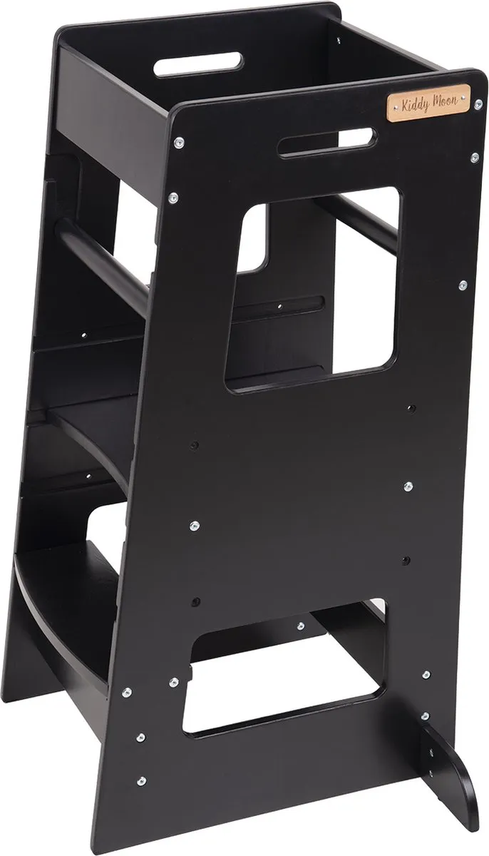 KiddyMoon Leertoren voor kinderen Houten - Montessori meubilair - In hoogte verstelbaar - Opstapkrukje - Toddlers stool - Leerstoel baby - Kinderstoel - Montessori kitchen helper Hout - Keukenhulp - Keukentoren - Kindertrap - Zwart