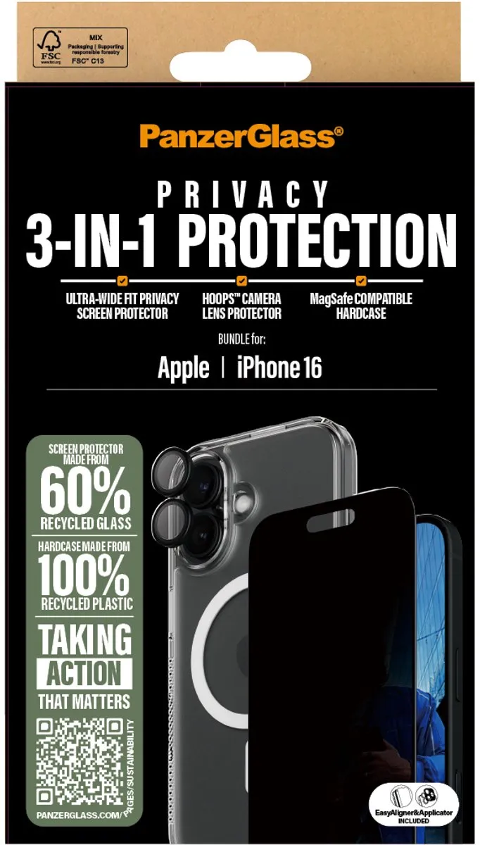 PanzerGlass iPhone 16 3-in-1 Privacy Bundle - Scherm- en cameralensbeschermers