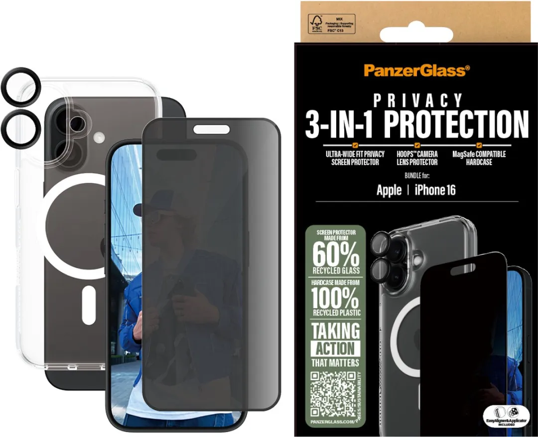 PanzerGlass iPhone 16 3-in-1 Privacy Bundle - Scherm- en cameralensbeschermers