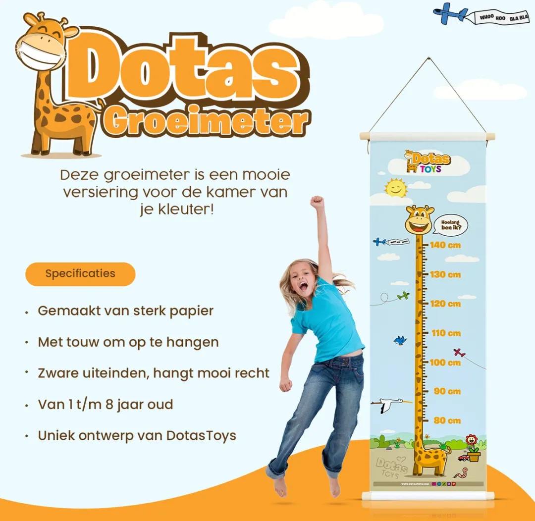 DotasToys® Groeimeter Kinderkamer – Kindermeetlat & Meetlat – Unieke Poster als Kinderkamer Decoratie – Stimuleert Ontwikkeling