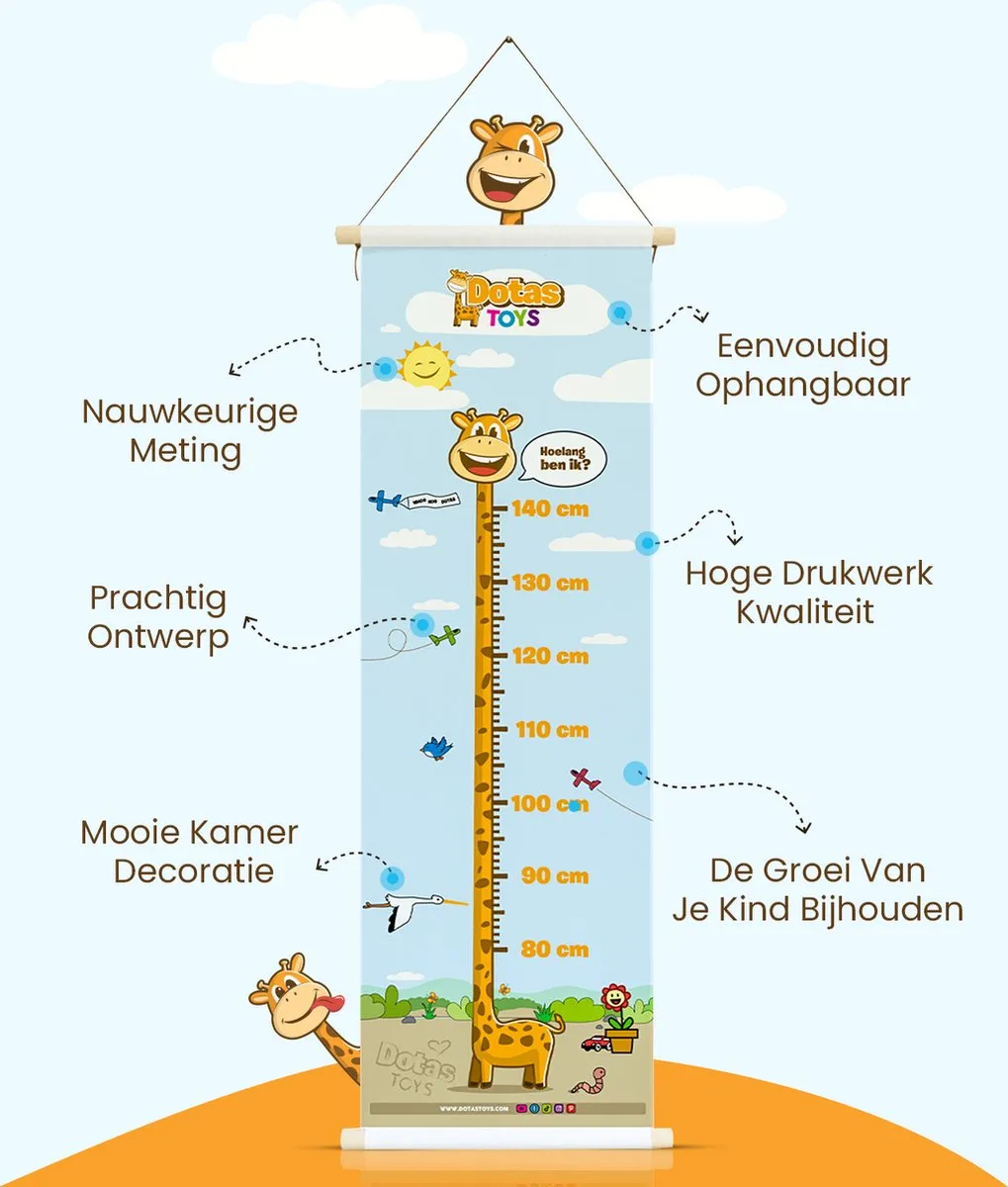 DotasToys® Groeimeter Kinderkamer – Kindermeetlat & Meetlat – Unieke Poster als Kinderkamer Decoratie – Stimuleert Ontwikkeling