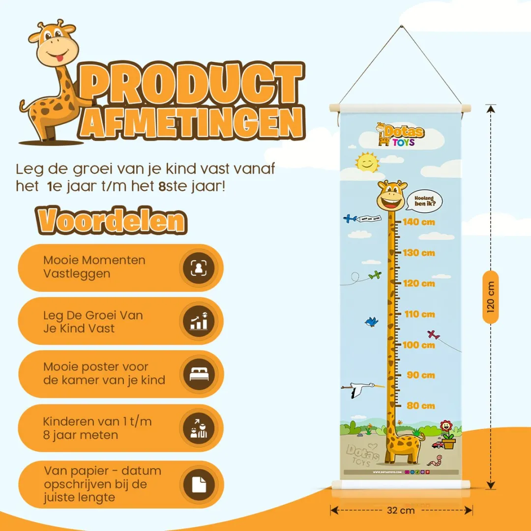 DotasToys® Groeimeter Kinderkamer – Kindermeetlat & Meetlat – Unieke Poster als Kinderkamer Decoratie – Stimuleert Ontwikkeling