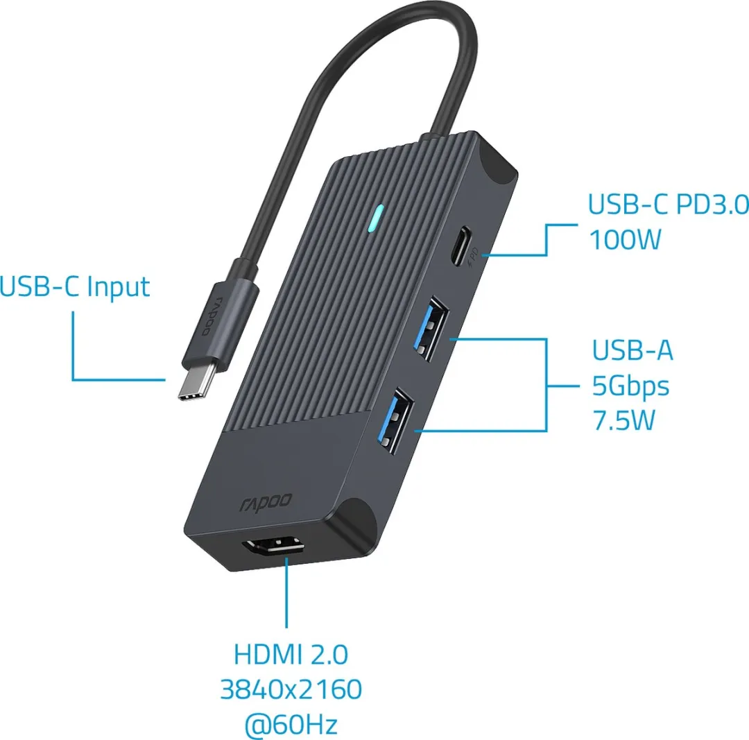 Rapoo UCM-2001 USB-C Multiport Adapter - Donker Grijs - afbeelding 4 van 6