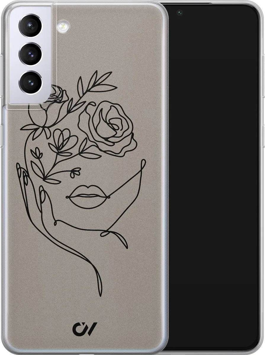 Casevibes Samsung Galaxy S21 Hoesje - Oneline Face Flower - Grijs
