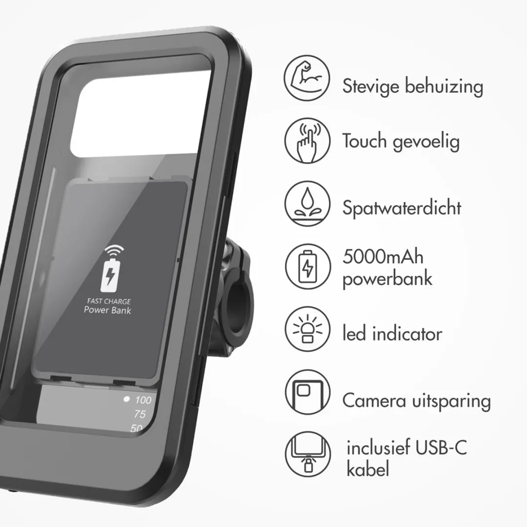 Imoshion SH00079507 Waterdichte Fiets Telefoonhouder - 5.000mAh Powerbank - 360° Draaibaar
