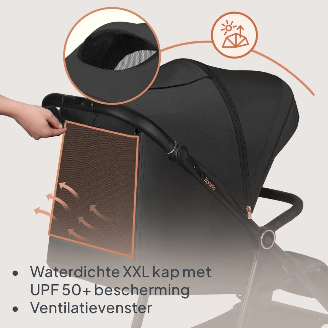 Lionelo Mira Kinderwagen - Zwart/Onxy - 5-Puntsgordel & UPF50+ Luifel