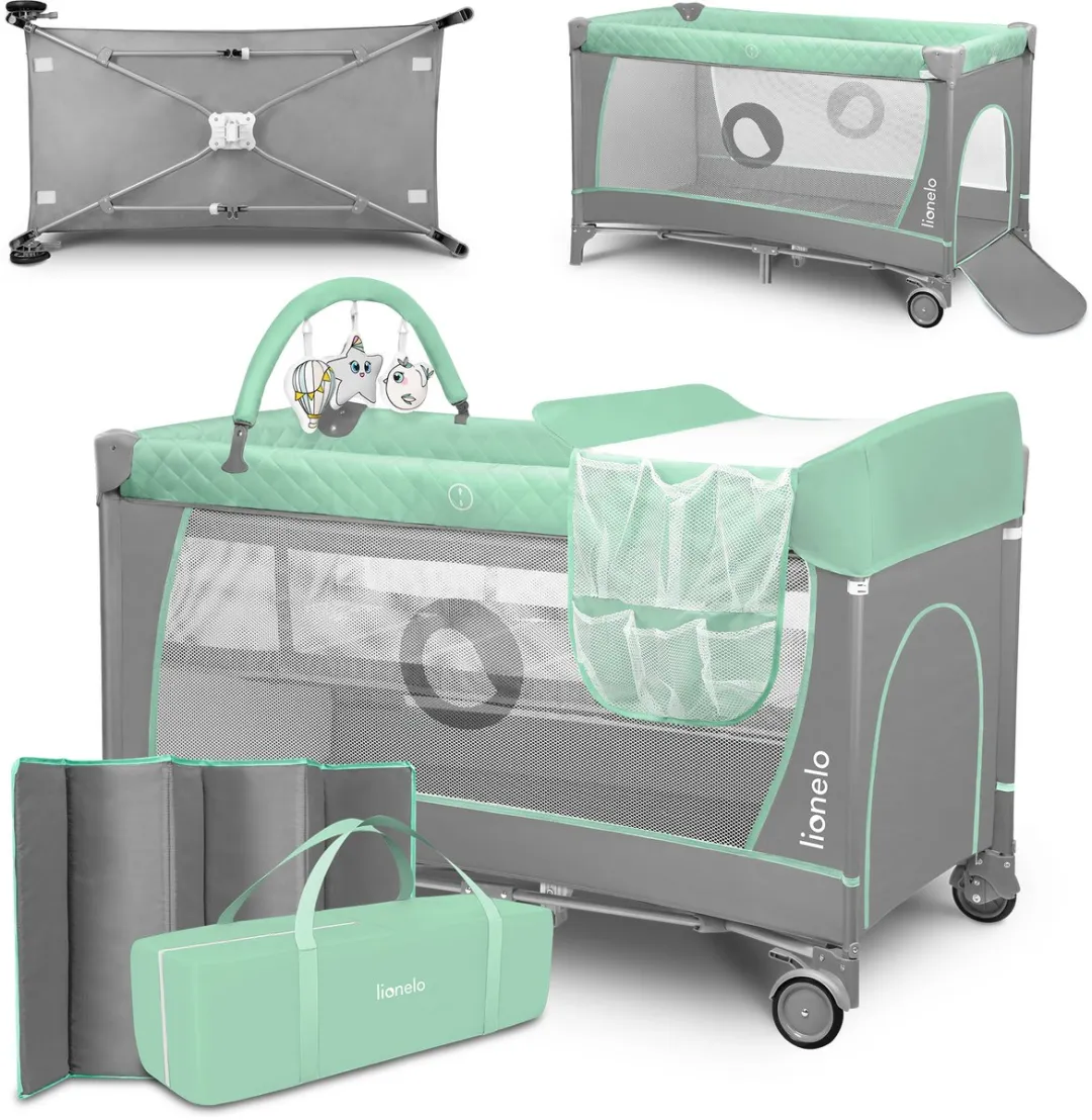Lionelo Flower Campingbedje 2-in-1 - Reiswieg & Box - Groene/Turkooise