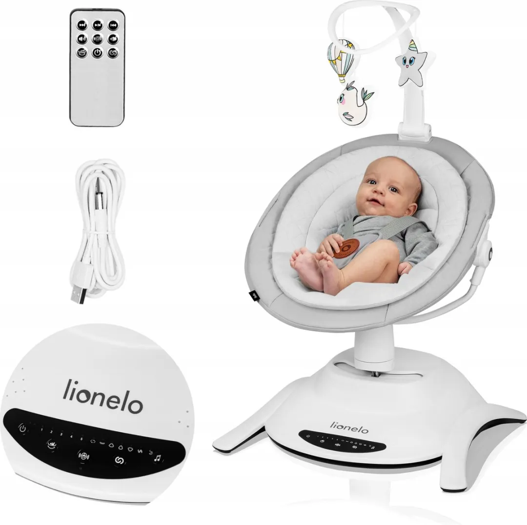 Lionelo Bella Wipstoel 6in1 – Elektrisch 360° Draaibare Zitting – 6 Schommelstanden – 5 Snelheden – Rugleuning Verstelbaar – Melodieën – Bewegingssensor – Bamboekussen – Speelboog – Afstandsbediening – EN12790