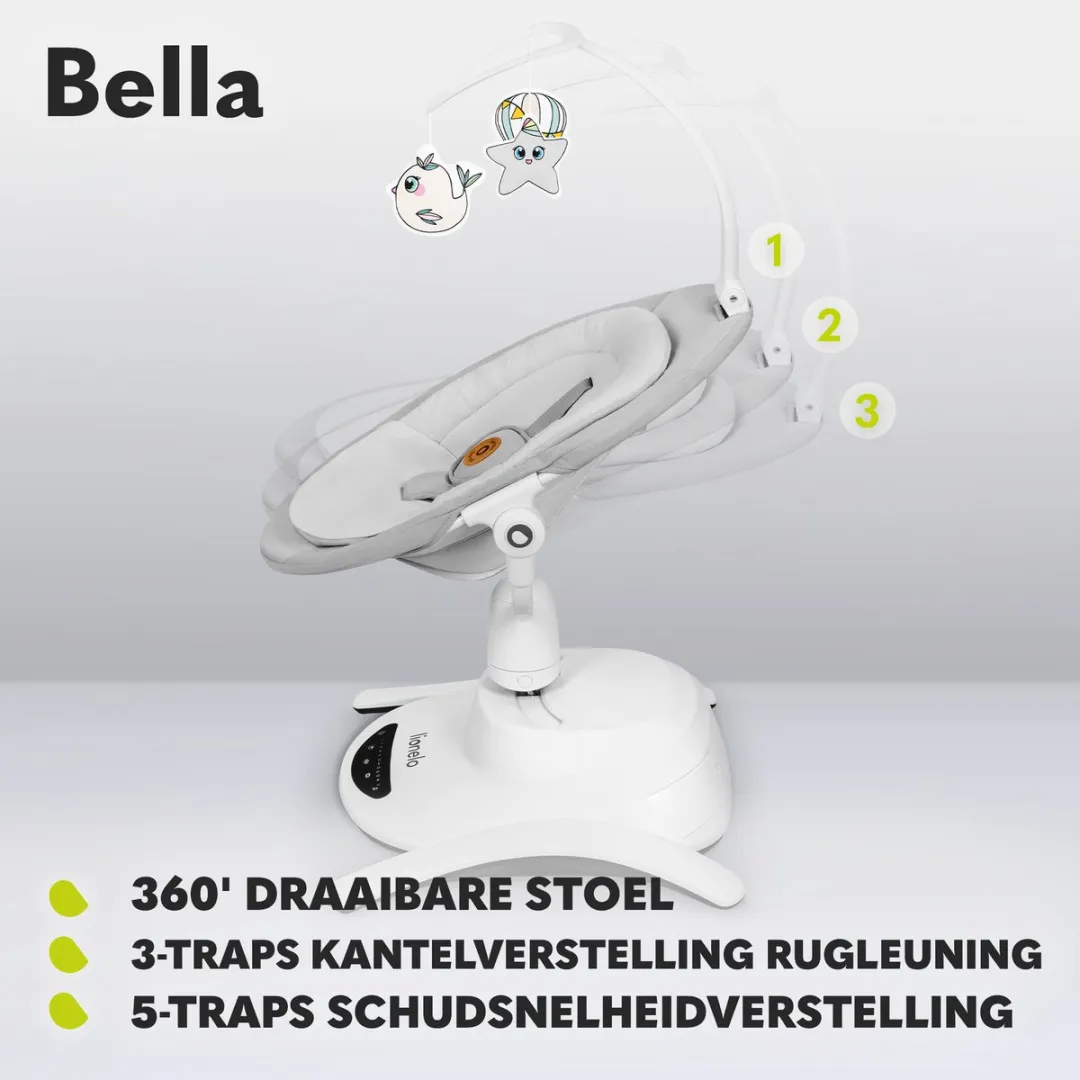 Lionelo Bella Wipstoel 6in1 – Elektrisch 360° Draaibare Zitting – 6 Schommelstanden – 5 Snelheden – Rugleuning Verstelbaar – Melodieën – Bewegingssensor – Bamboekussen – Speelboog – Afstandsbediening – EN12790