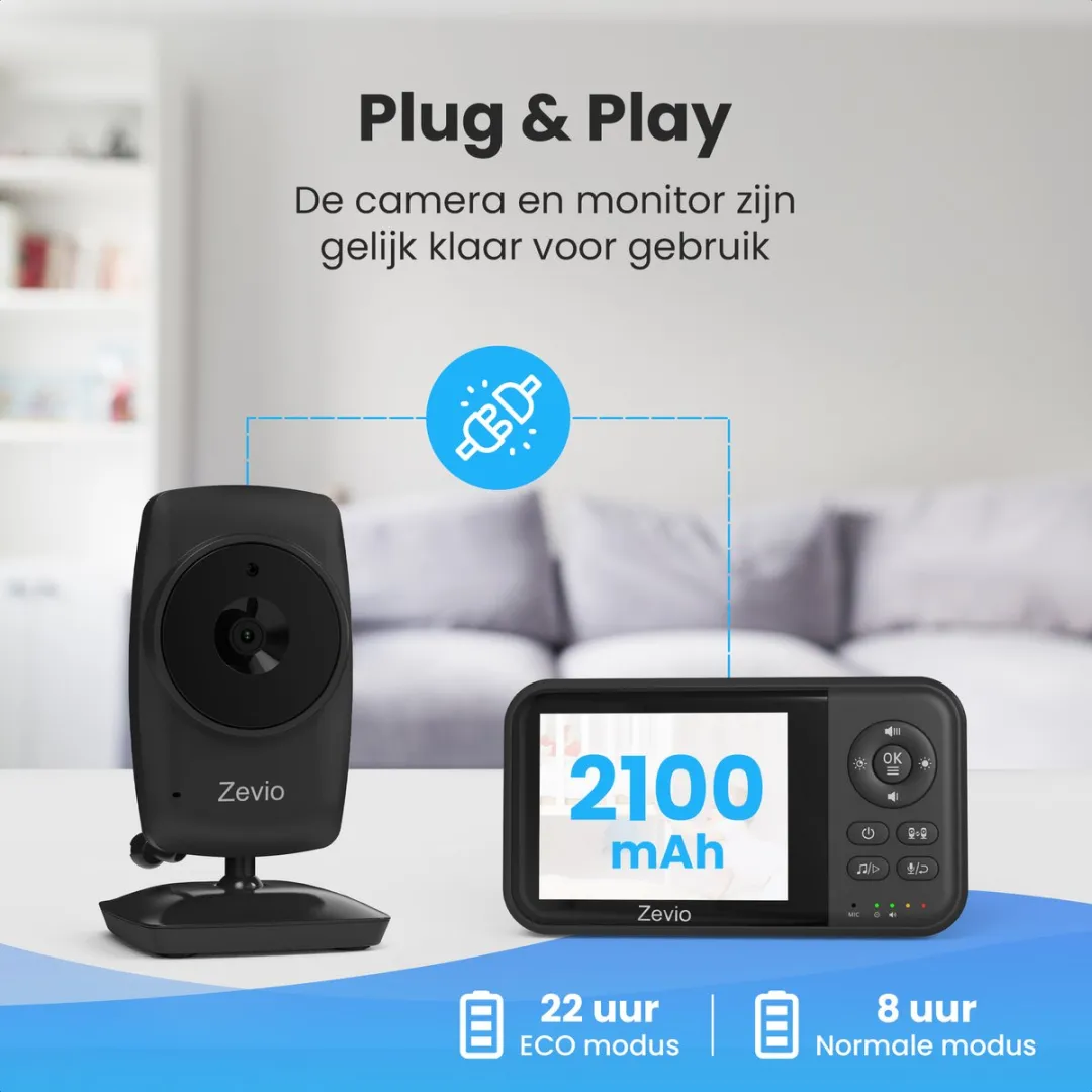 Zevio Babyfoon Comfort - Babyfoon Met Camera - Baby Monitor - Baby Camera - Zwart