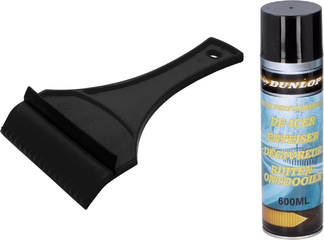 Functionele ijskrabber met rubberen trekker zwart van 18 cm met ruiten ontdooier spray set - autoramen met vorst