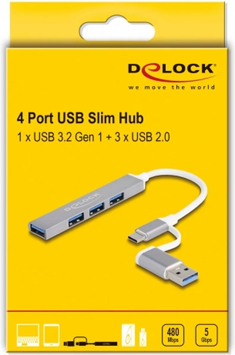 Delock 64214 USB 3.2 Hub Type-A + Type-C 5000 Mbit/s - Zilver