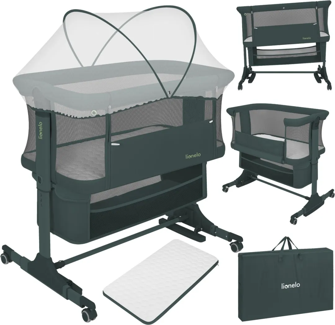 Lionelo Jodie 3in1 Wieg – Aanschuifbed, Vrijstaand Bedje & Schommelwieg – Co-sleeper - 6 Hoogtestanden – T25 Matras – Neerklapbare Zijde – Inclusief Klamboe & Mand