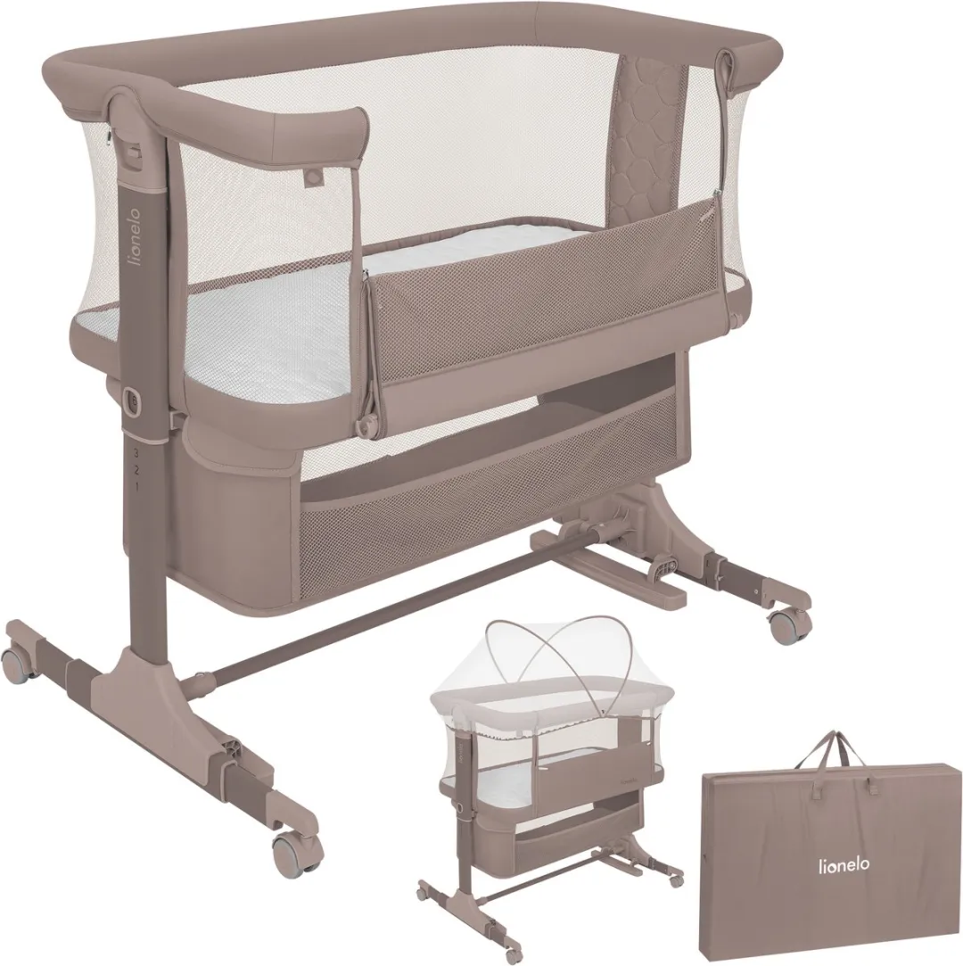 Lionelo Jodie 3in1 Wieg – Aanschuifbed, Vrijstaand Bedje & Schommelwieg – Co-sleeper - 6 Hoogtestanden – T25 Matras – Neerklapbare Zijde – Inclusief Klamboe & Mand
