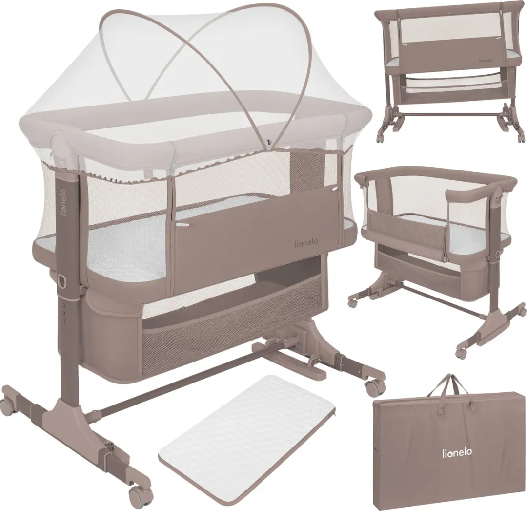 Lionelo Jodie 3in1 Wieg – Aanschuifbed, Vrijstaand Bedje & Schommelwieg – Co-sleeper - 6 Hoogtestanden – T25 Matras – Neerklapbare Zijde – Inclusief Klamboe & Mand