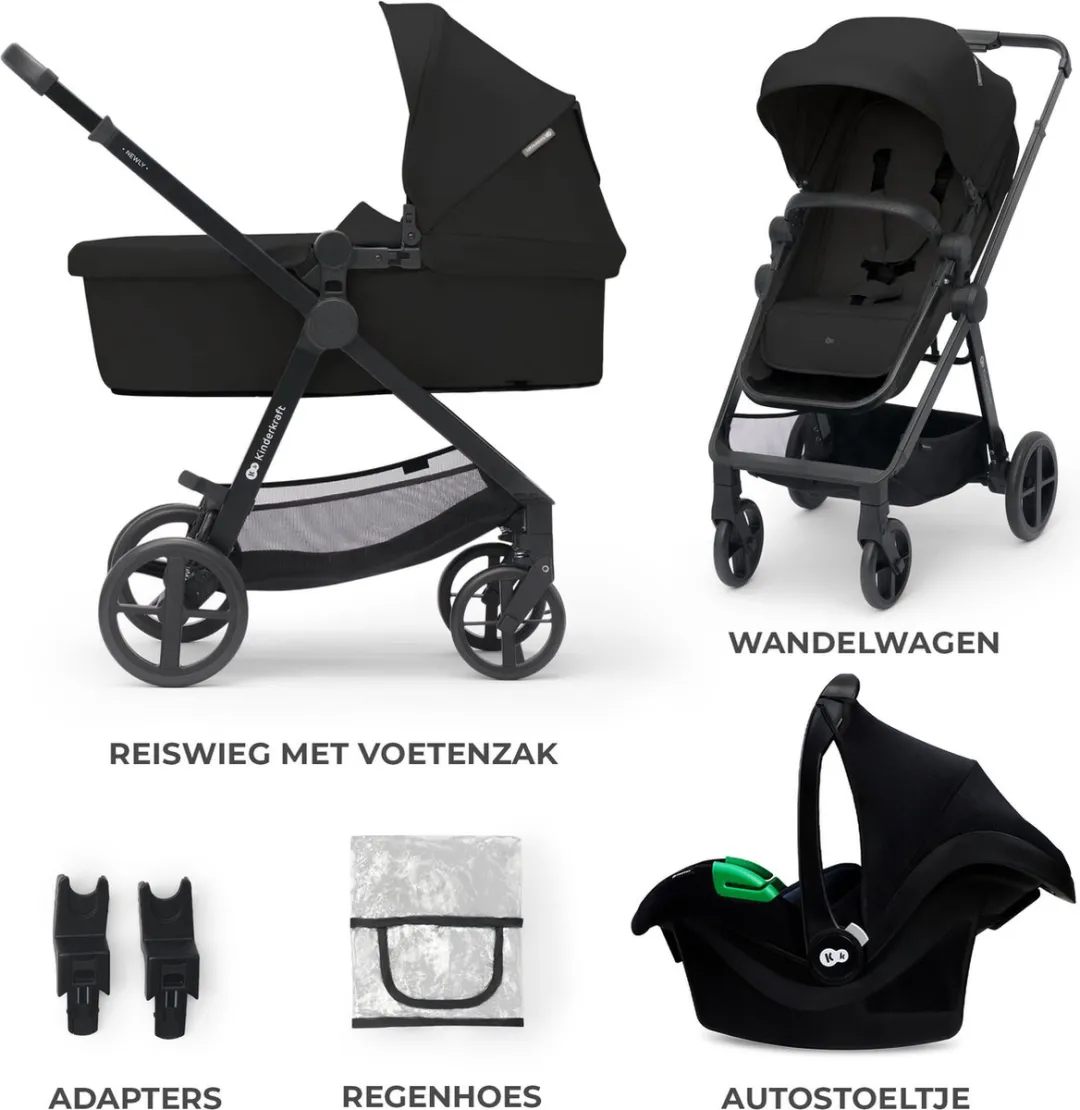 KinderKraft NEWLY 3-in-1 Kinderwagen - MINK PRO i-Size Autostoel - Zwart