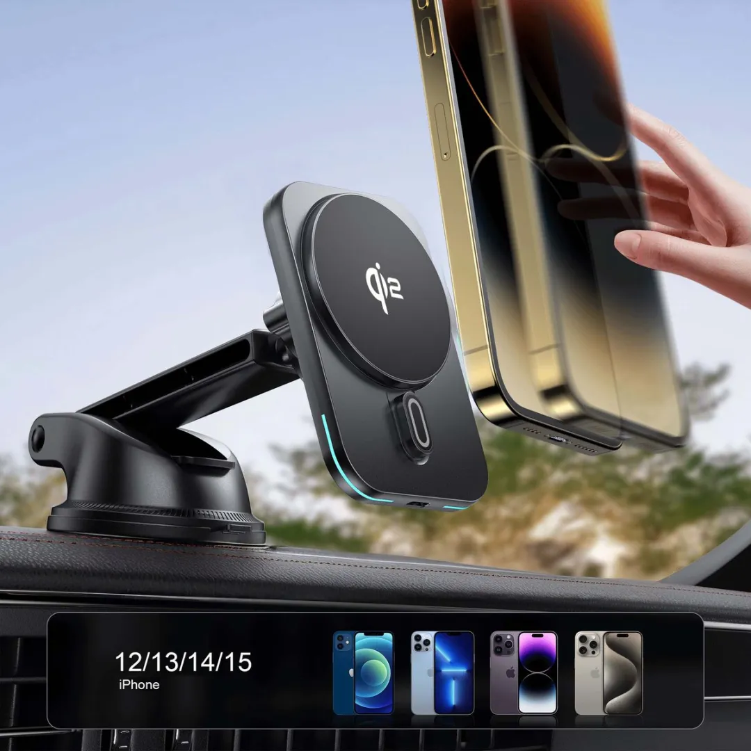 Caliber Telefoonhouders Auto - Magnetische Autohouder - Geschikt voor Smartphone - Draadloos laden - Zuignap - 60 Watt Autolader - Qi2 gecertificeerd - 15 Watt Oplader - GSM houder auto - 360° Rotatie - Zwart (PSQ2-CAR-SC)