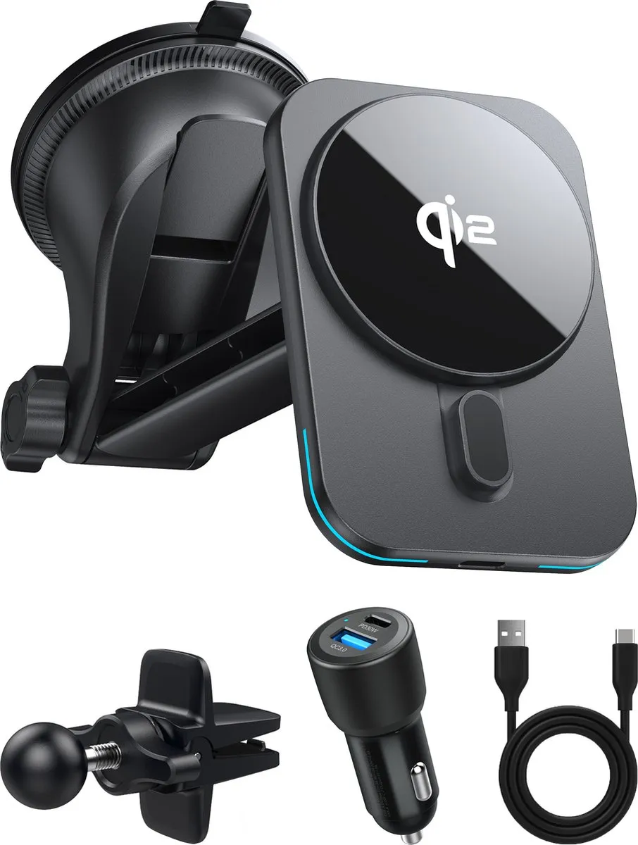 Caliber Telefoonhouders Auto - Magnetische Autohouder - Geschikt voor Smartphone - Draadloos laden - Zuignap - 60 Watt Autolader - Qi2 gecertificeerd - 15 Watt Oplader - GSM houder auto - 360° Rotatie - Zwart (PSQ2-CAR-SC)
