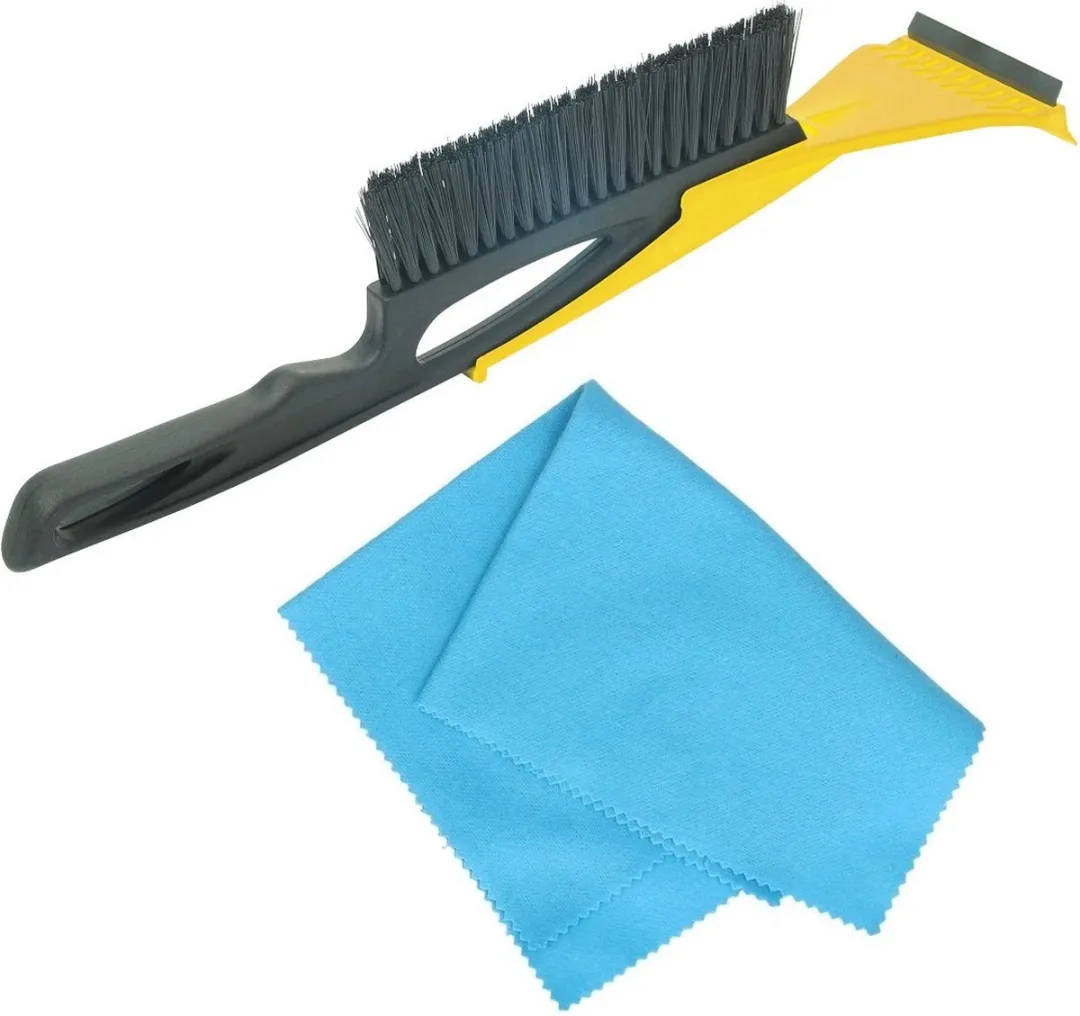 Autoramen IJskrabber met borstel en trekker geel 40 cm met anti-condens doek - Winter vorst accessoires