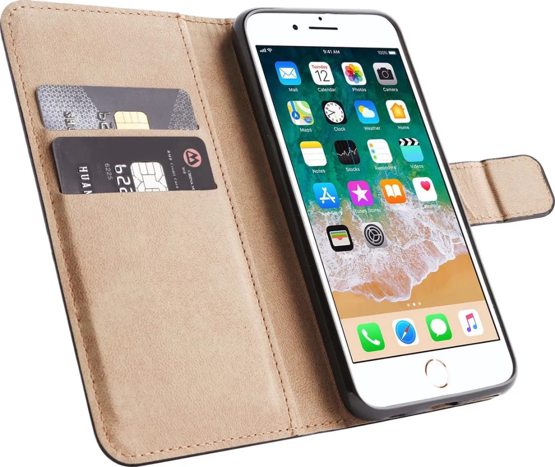 BMAX Leren Book Case Hoes iPhone 6/6s Plus - 2 Pasjes - Zwart