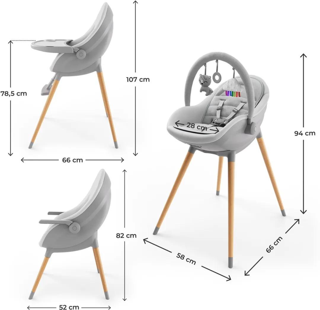 Kinderkraft FINI UP Kinderstoel 3‑in‑1 – Kunstlederen Bekleding – Verstelbare Tray – Ligstoeltje - Omzetbaar naar Speelfauteuil – Vvan de geboorte tot 20 kg – Grijs