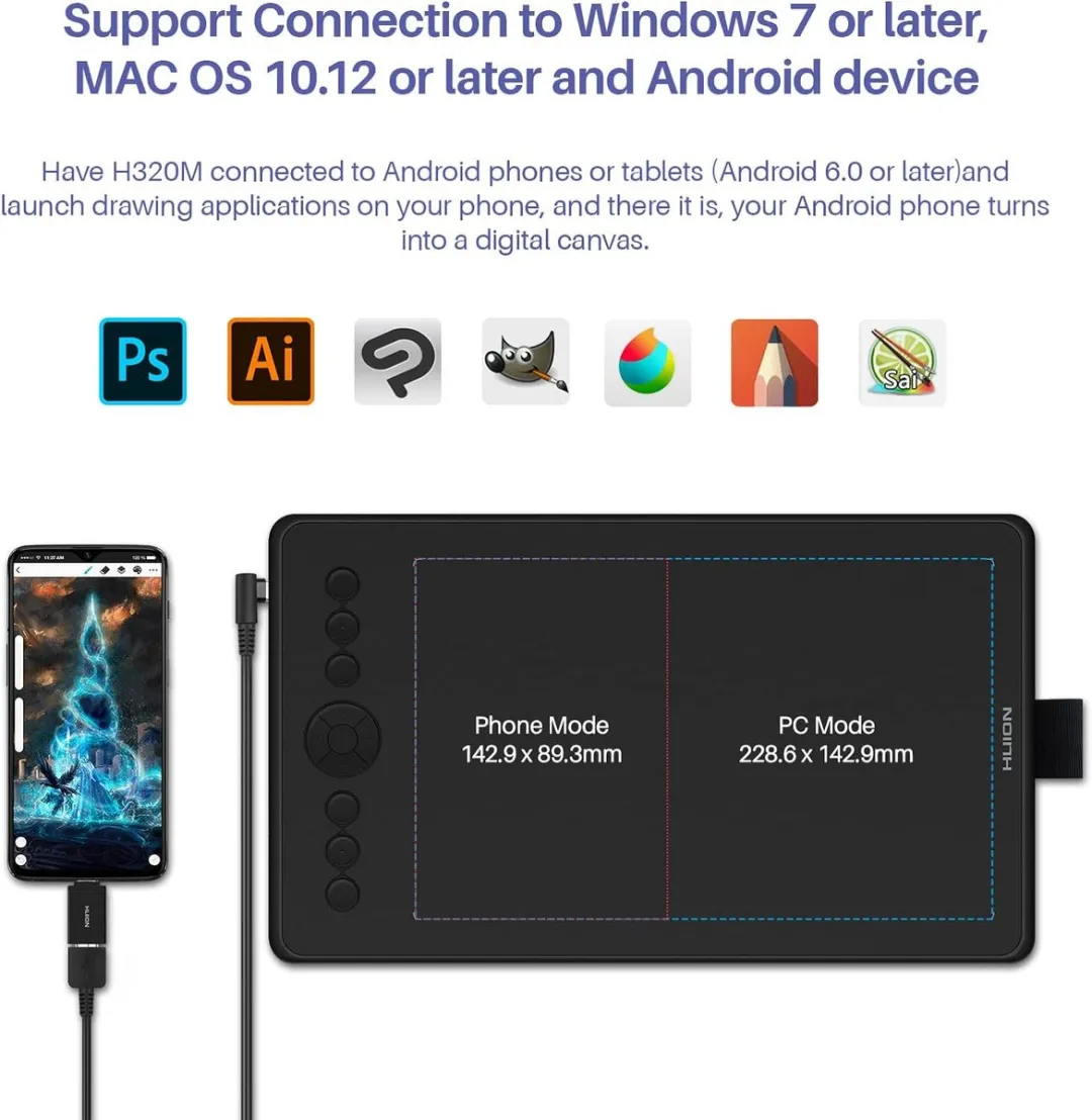 Huion H320M Tekentablet - 11 Toetsen - Zwart/Rood