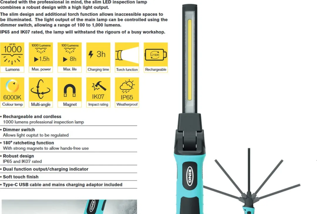 Ring Slim LED Inspectielamp - Turquoise/Zwart