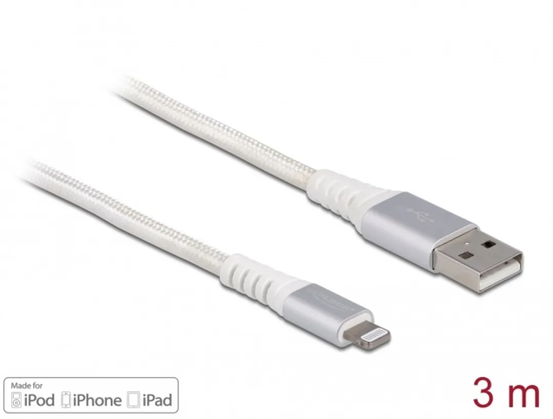 Delock USB Kabel iPhone/iPad DuPont Kevlar Wit 3m