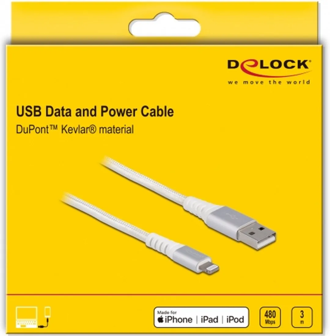 Delock USB Kabel iPhone/iPad DuPont Kevlar Wit 3m