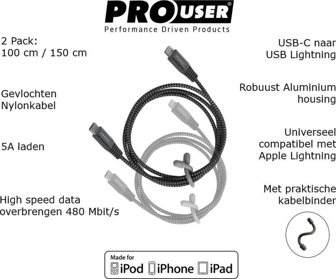 Pro-User USB-C L-kabel 2-delig - 100/150cm - Zwart