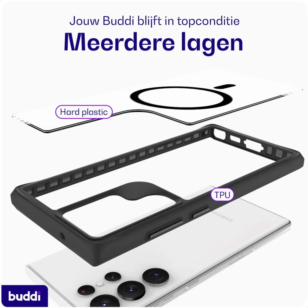 Buddi Hybrid Hoesje Samsung Galaxy S23 Ultra - MagSafe - Transparant Zwart