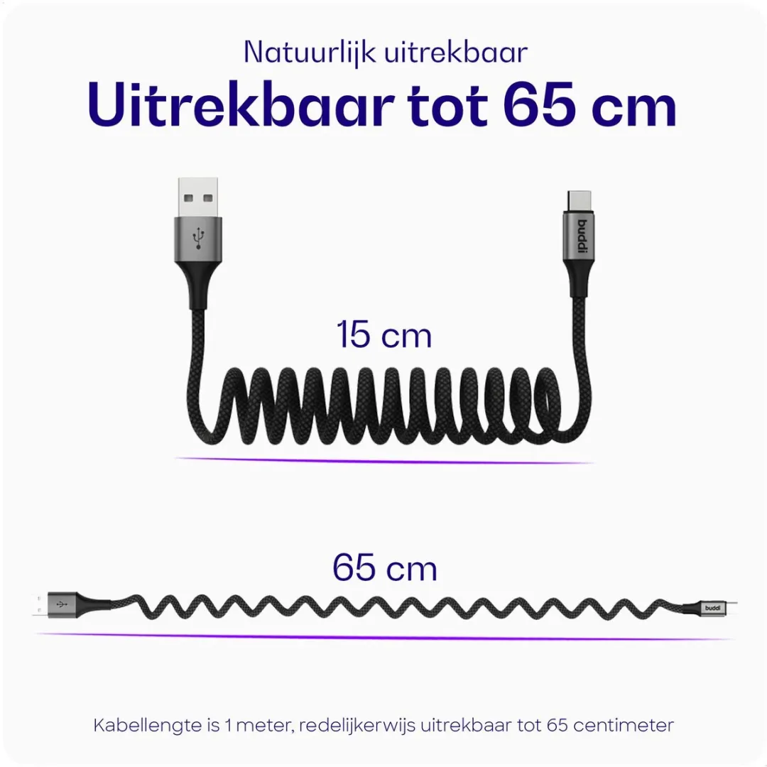Buddi Flex USB-A naar USB-C Krulsnoer 12W 1M - Zwart