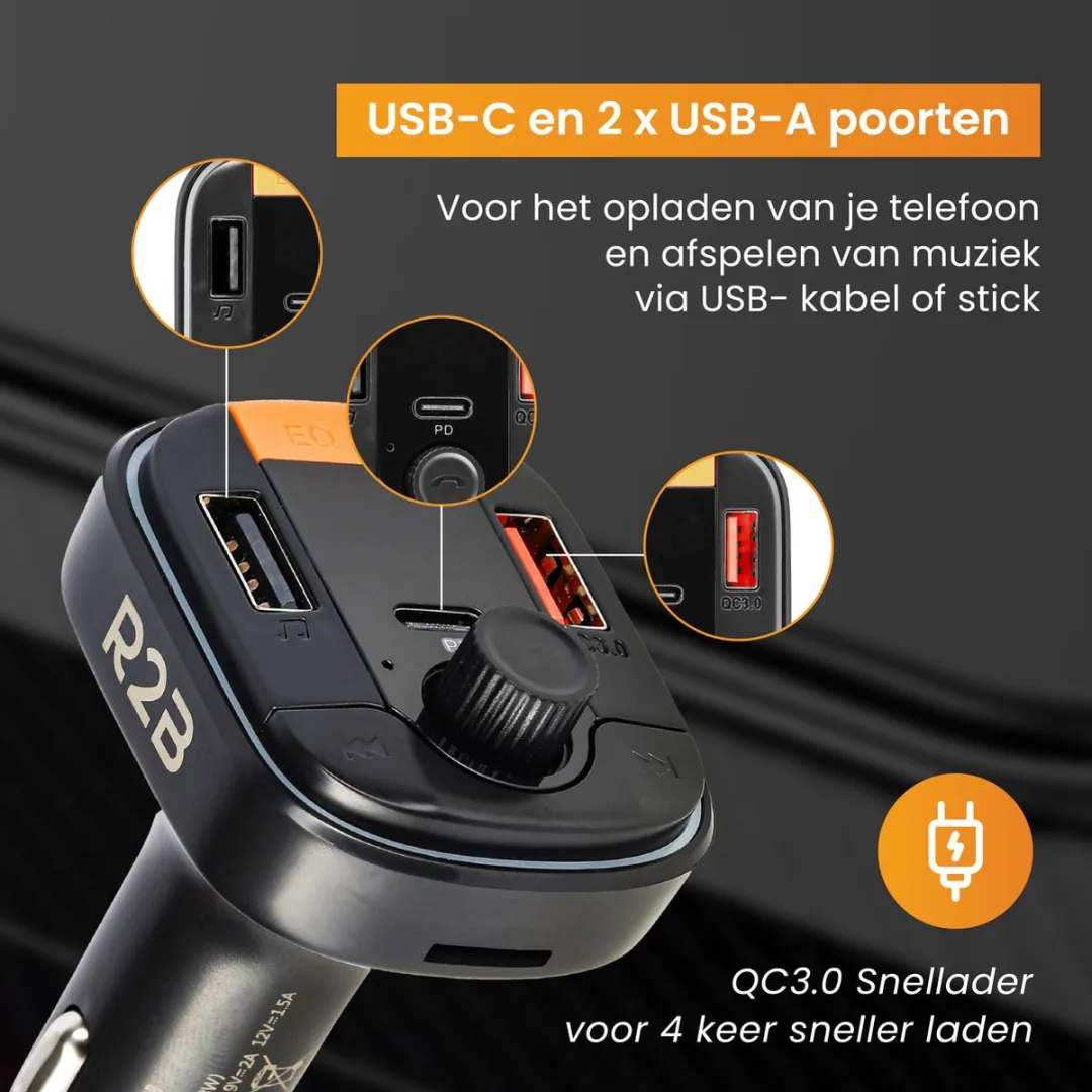R2B Bluetooth Transmitter Auto - FM-zender & Ontvanger - USB C/A & Micro SD