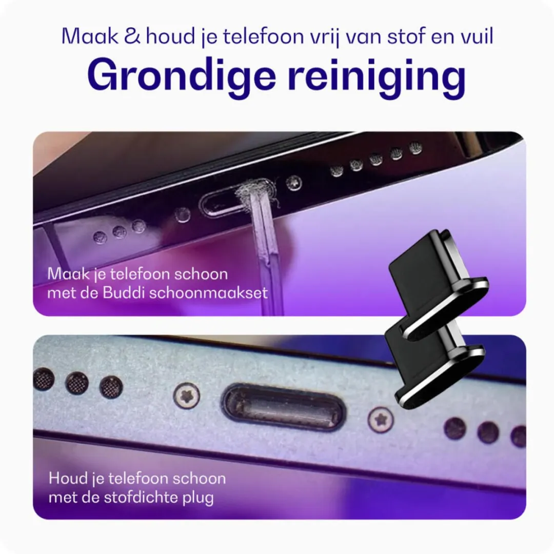 Buddi Schoonmaakset Oplaadpoort - USB-C Stofdichte Plug - Zwart/Paars