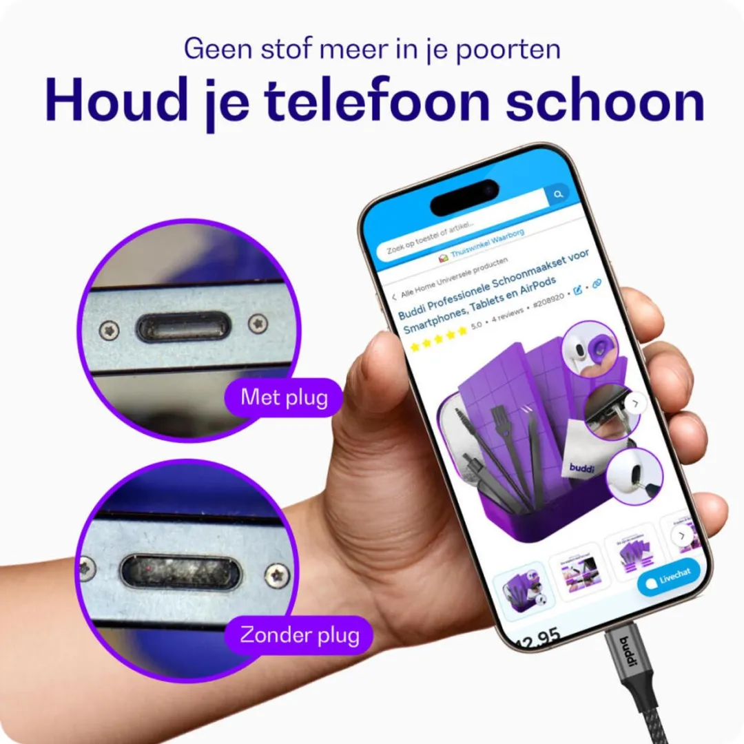 Buddi Schoonmaakset Oplaadpoort - USB-C Stofdichte Plug - Zwart/Paars